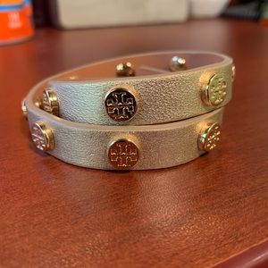 Gold Tory Burch Leather Double Wrap Stud Bracelet